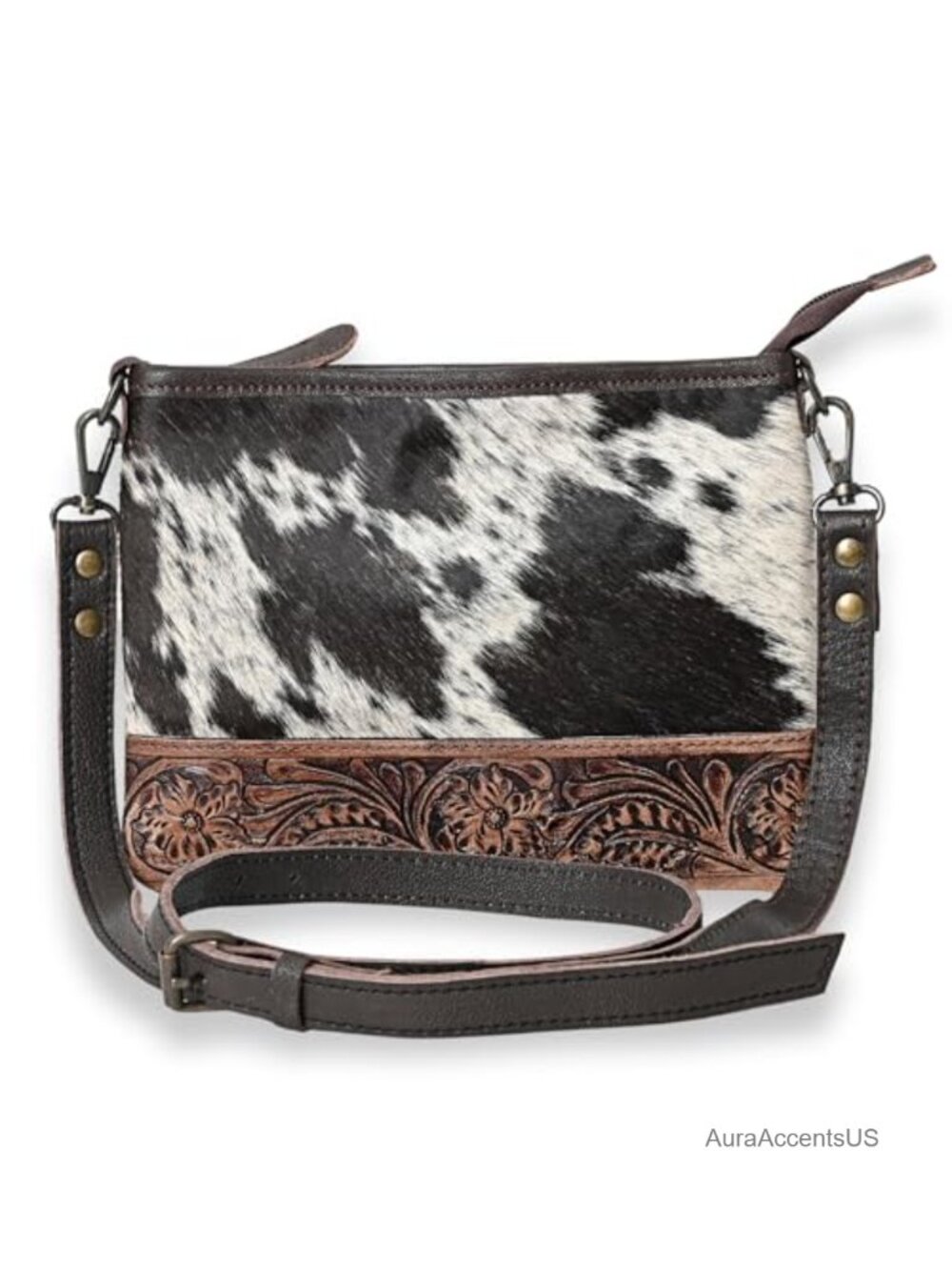 Genuine Leather Cowhide Tooled Crossbody Bag Western Cowgirl Purse